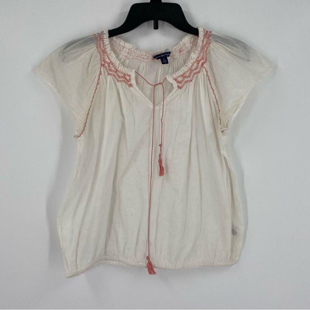 American Eagle Women’s Cap Short Sleeve Elastic Neck White Sheer Blouse size L